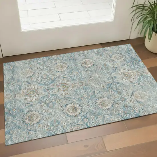 Persian Blue Coffee And Ivory Floral Medallion Washable Area Rug With UV Protection Photo 1