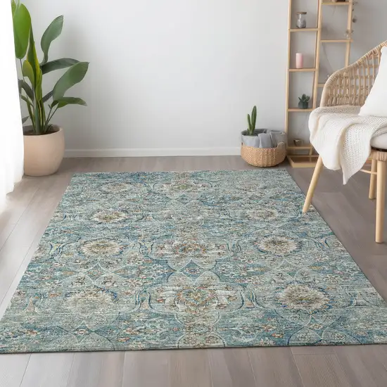 Persian Blue Coffee And Ivory Floral Medallion Washable Area Rug With UV Protection Photo 6