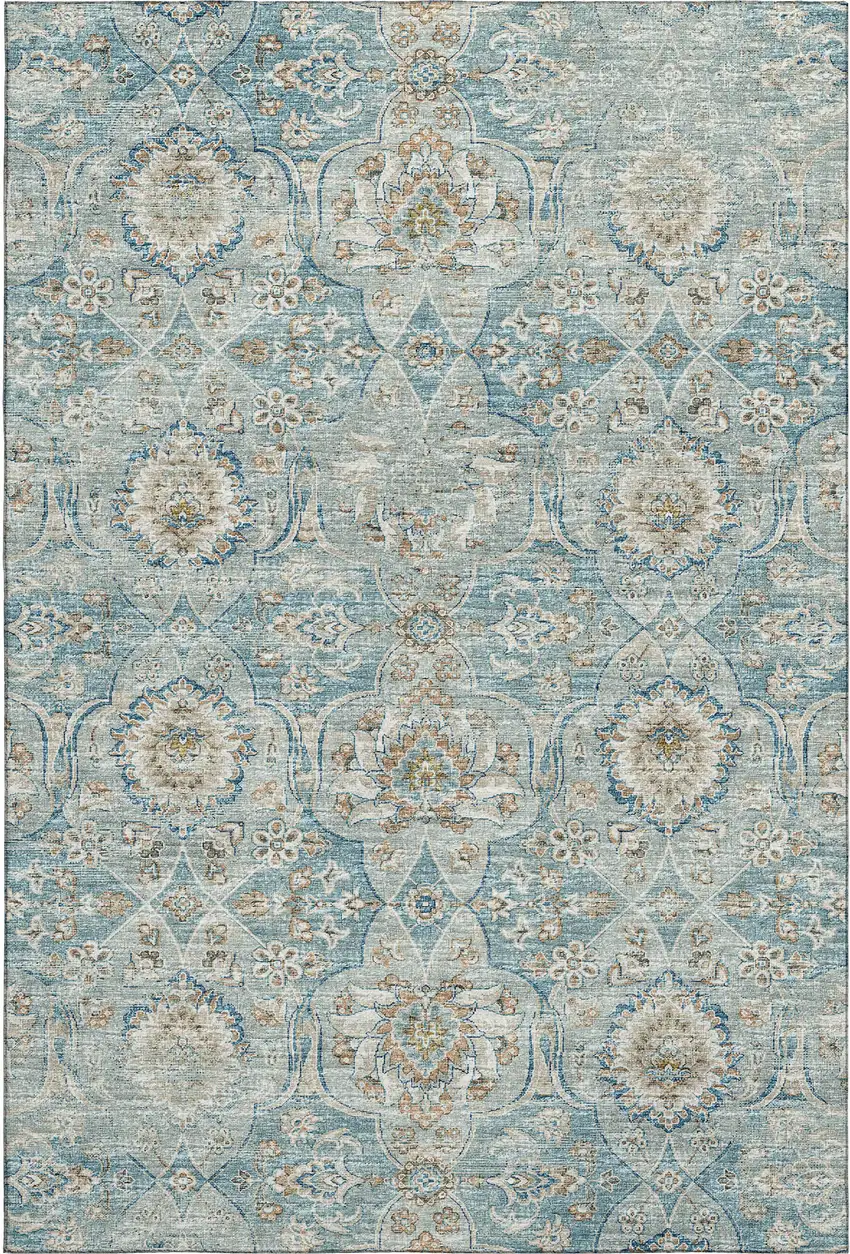 Persian Blue Coffee And Ivory Floral Medallion Washable Area Rug With UV Protection Photo 2