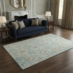 Photo of Persian Blue Coffee And Ivory Floral Medallion Washable Area Rug With UV Protection