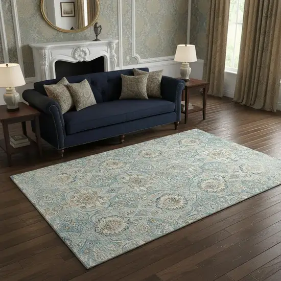 Persian Blue Coffee And Ivory Floral Medallion Washable Area Rug With UV Protection Photo 1