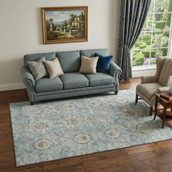 Persian Blue Coffee And Ivory Floral Medallion Washable Area Rug With UV Protection Photo 1