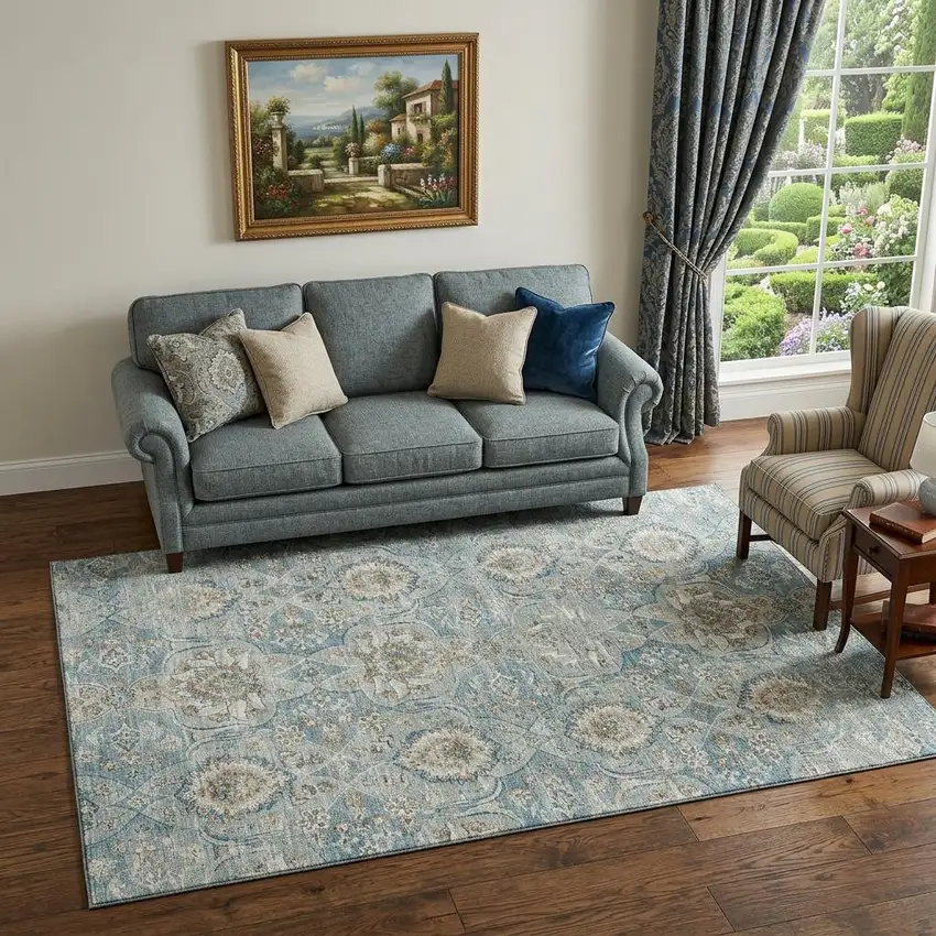 Persian Blue Coffee And Ivory Floral Medallion Washable Area Rug With UV Protection Photo 1