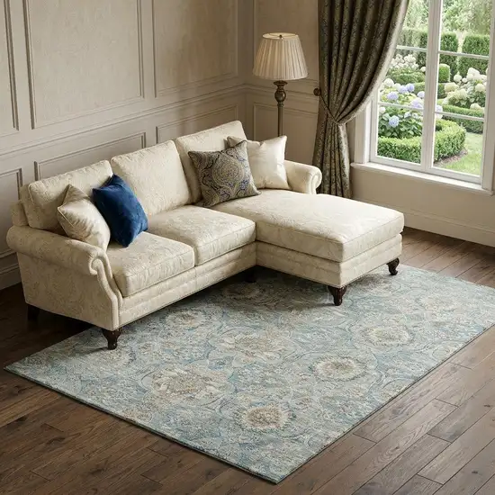 Persian Blue Coffee And Ivory Floral Medallion Distressed Washable Area Rug With UV Protection Photo 1