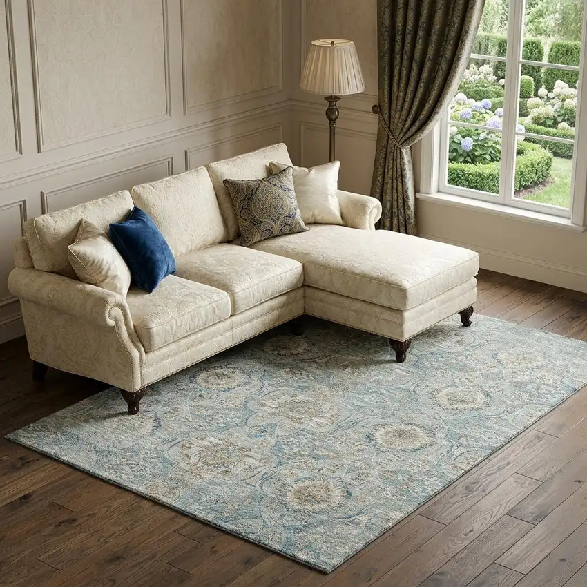 Persian Blue Coffee And Ivory Floral Medallion Distressed Washable Area Rug With UV Protection Photo 1