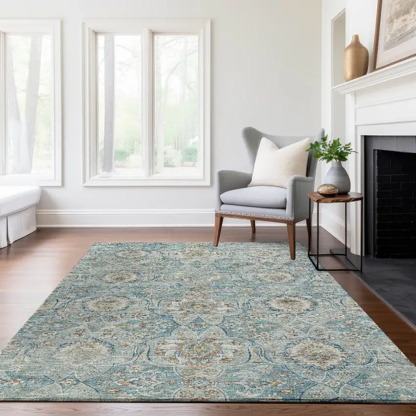 Persian Blue Coffee And Ivory Floral Medallion Washable Area Rug With UV Protection Photo 7