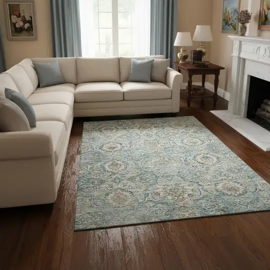 Persian Blue Coffee And Ivory Floral Medallion Washable Area Rug With UV Protection Photo 1