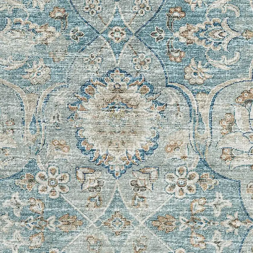 Persian Blue Coffee And Ivory Floral Medallion Washable Area Rug With UV Protection Photo 4
