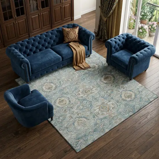 Persian Blue Coffee And Ivory Floral Medallion Distressed Washable Area Rug With UV Protection Photo 1