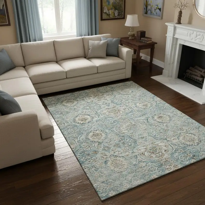 Persian Blue Coffee And Ivory Floral Medallion Washable Area Rug With UV Protection Photo 1