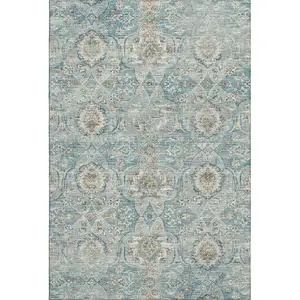 Photo of Persian Blue Coffee And Ivory Floral Medallion Washable Area Rug With UV Protection