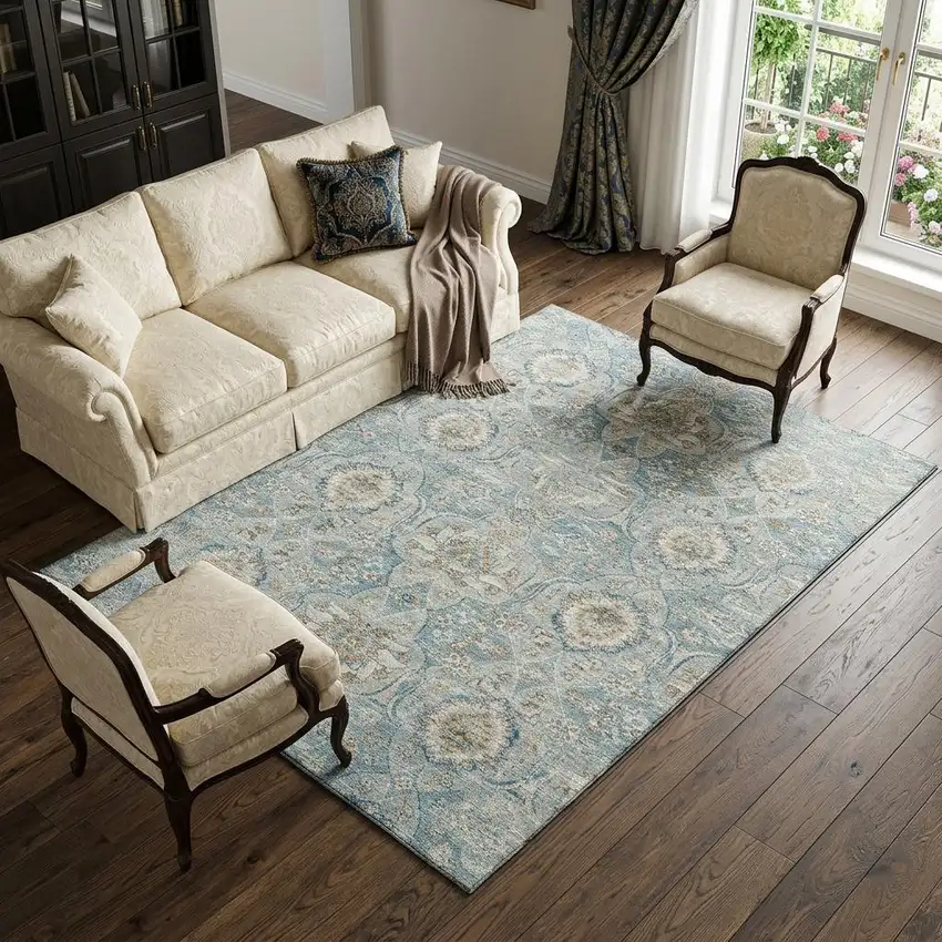 Persian Blue Coffee And Ivory Floral Medallion Distressed Washable Area Rug With UV Protection Photo 1