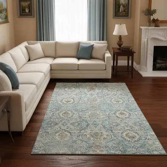 Persian Blue Coffee And Ivory Floral Medallion Washable Area Rug With UV Protection Photo 1