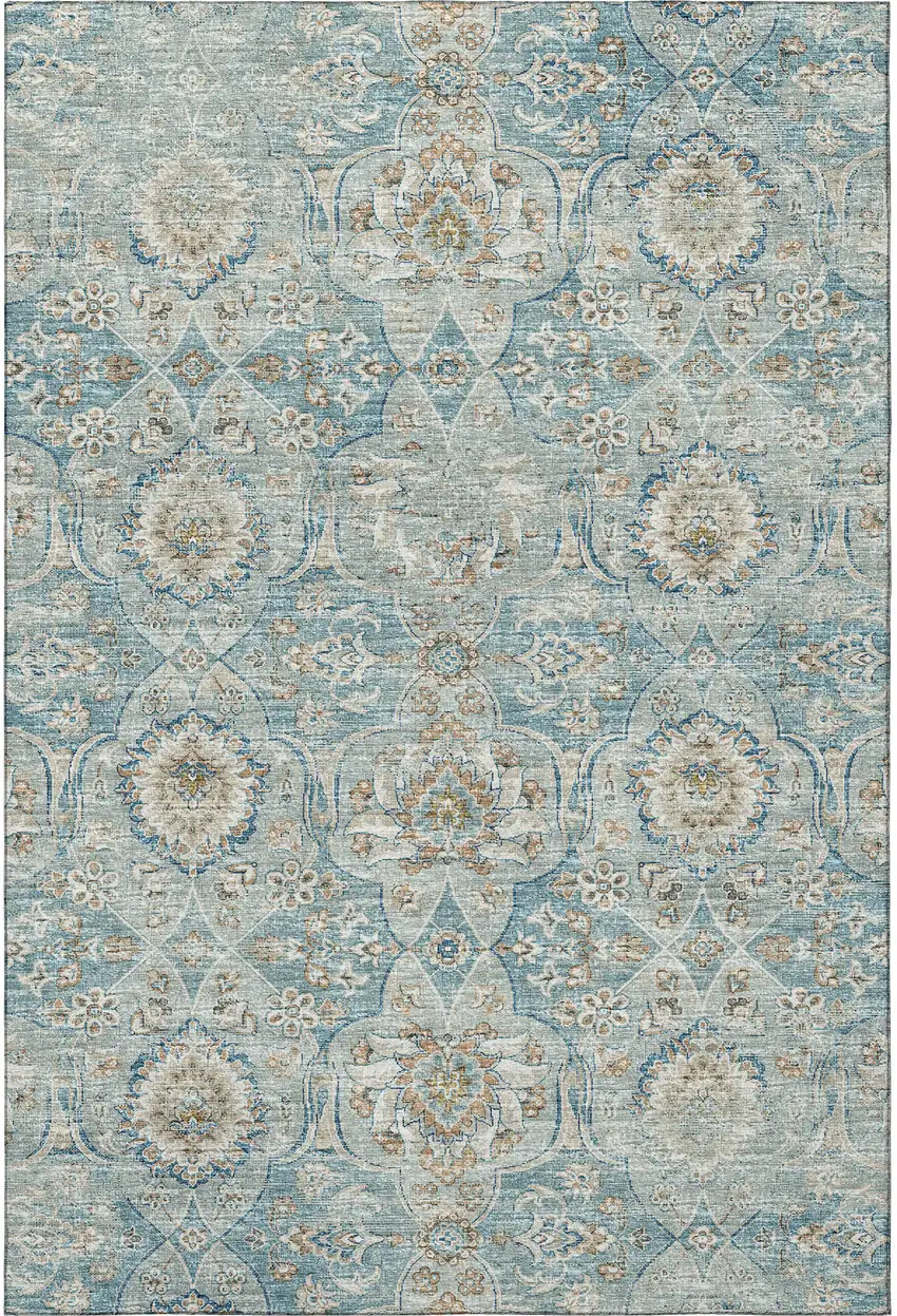 Persian Blue Coffee And Ivory Floral Medallion Washable Area Rug With UV Protection Photo 5