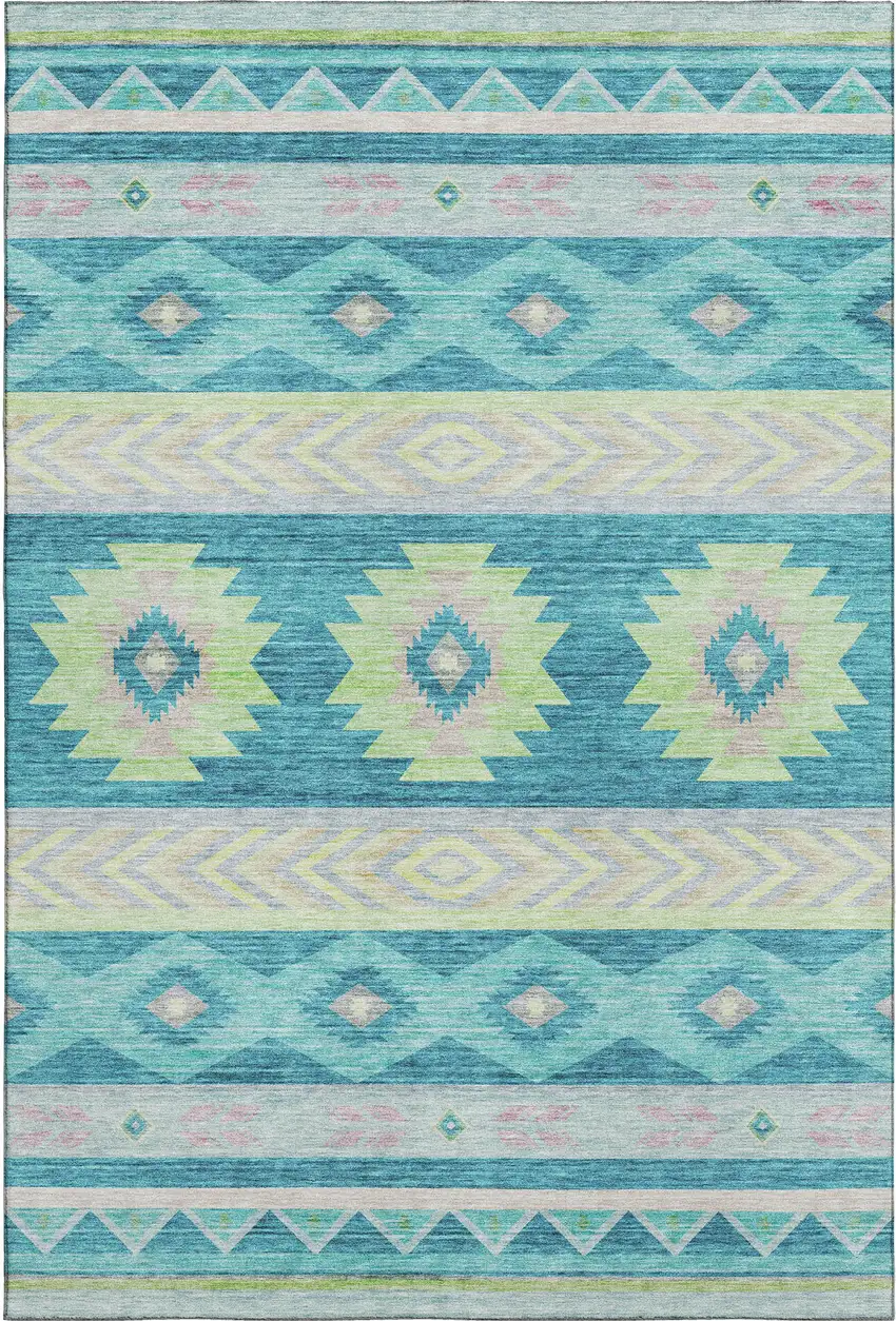 Persian Blue Lime Green And Silver Geometric Washable Area Rug With UV Protection Photo 2