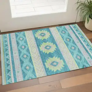 Photo of Persian Blue Lime Green And Silver Geometric Washable Area Rug With UV Protection