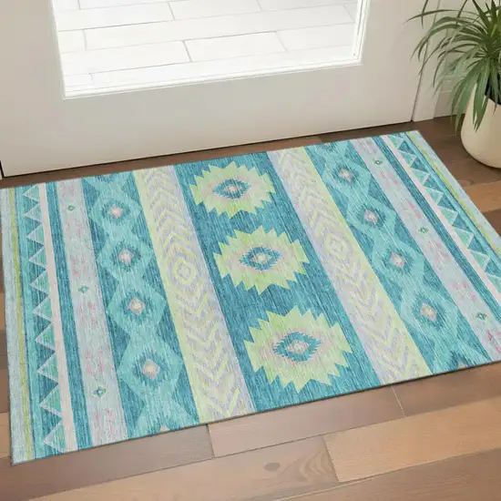 Persian Blue Lime Green And Silver Geometric Washable Area Rug With UV Protection Photo 1