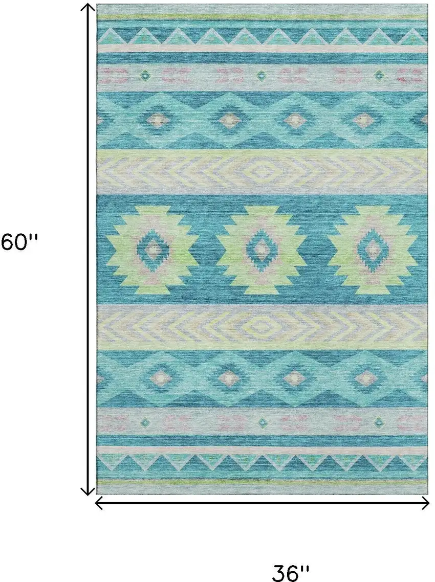 Persian Blue Lime Green And Silver Geometric Washable Area Rug With UV Protection Photo 3