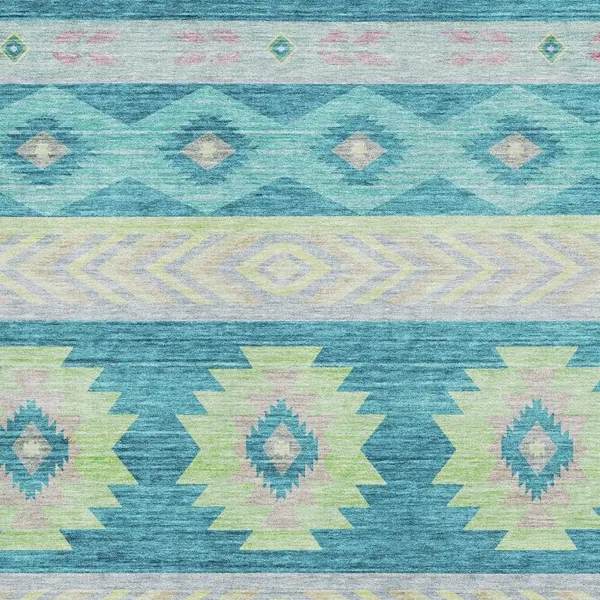 Persian Blue Lime Green And Silver Geometric Washable Area Rug With UV Protection Photo 4