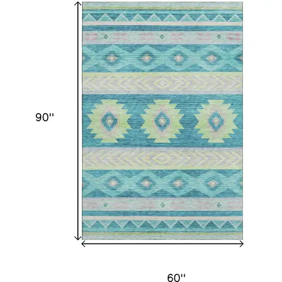 Persian Blue Lime Green And Silver Geometric Washable Area Rug With UV Protection Photo 3