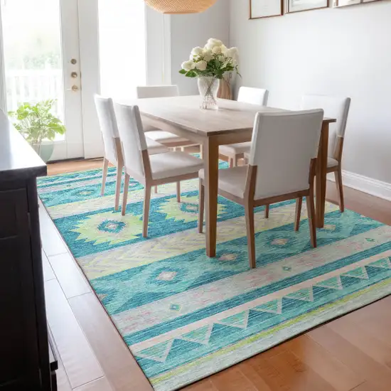 Persian Blue Lime Green And Silver Geometric Washable Area Rug With UV Protection Photo 5