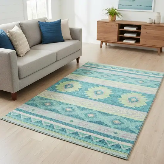 Persian Blue Lime Green And Silver Geometric Washable Area Rug With UV Protection Photo 1