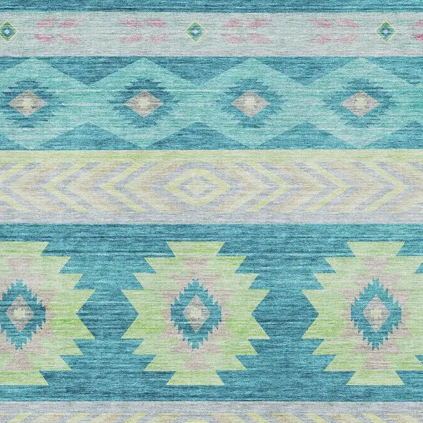 Persian Blue Lime Green And Silver Geometric Washable Area Rug With UV Protection Photo 4