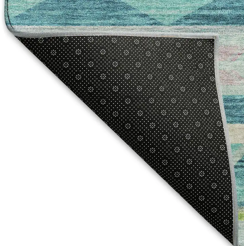 Persian Blue Lime Green And Silver Geometric Washable Area Rug With UV Protection Photo 8