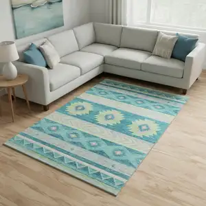 Photo of Persian Blue Lime Green And Silver Geometric Washable Area Rug With UV Protection