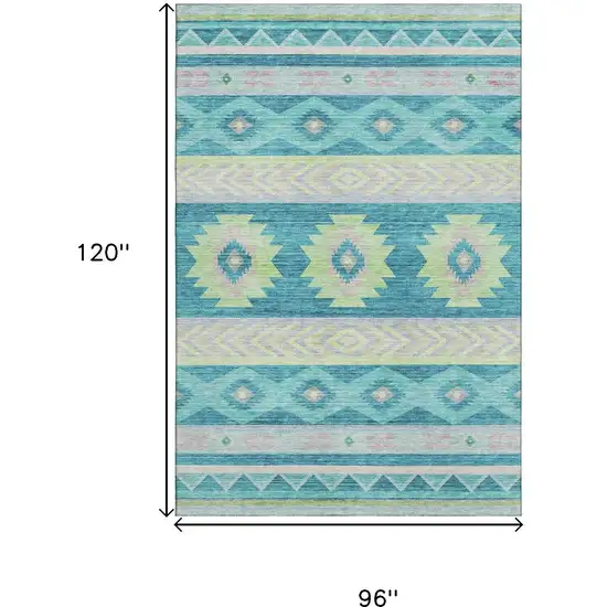 Persian Blue Lime Green And Silver Geometric Washable Area Rug With UV Protection Photo 3