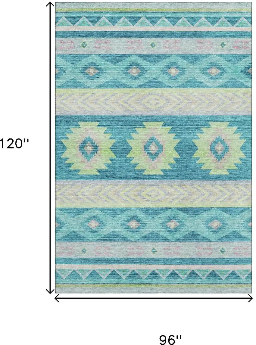 Persian Blue Lime Green And Silver Geometric Washable Area Rug With UV Protection Photo 3