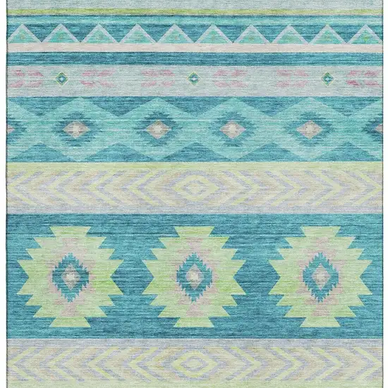 Persian Blue Lime Green And Silver Geometric Washable Area Rug With UV Protection Photo 5