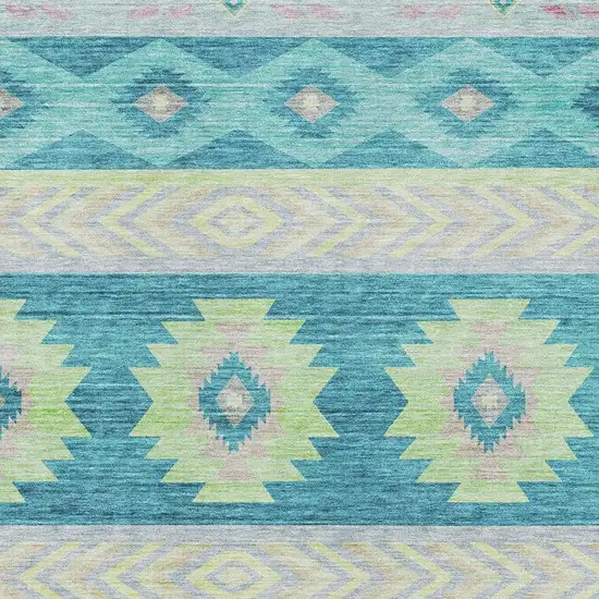 Persian Blue Lime Green And Silver Geometric Washable Area Rug With UV Protection Photo 4