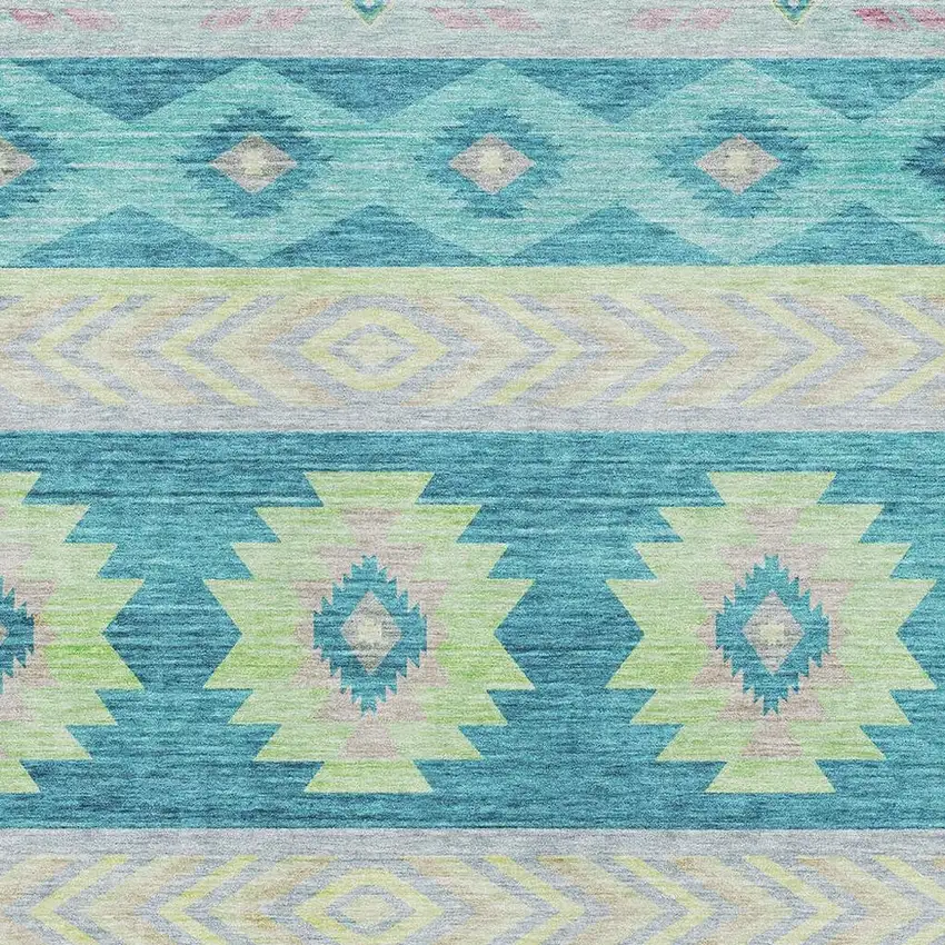 Persian Blue Lime Green And Silver Geometric Washable Area Rug With UV Protection Photo 4