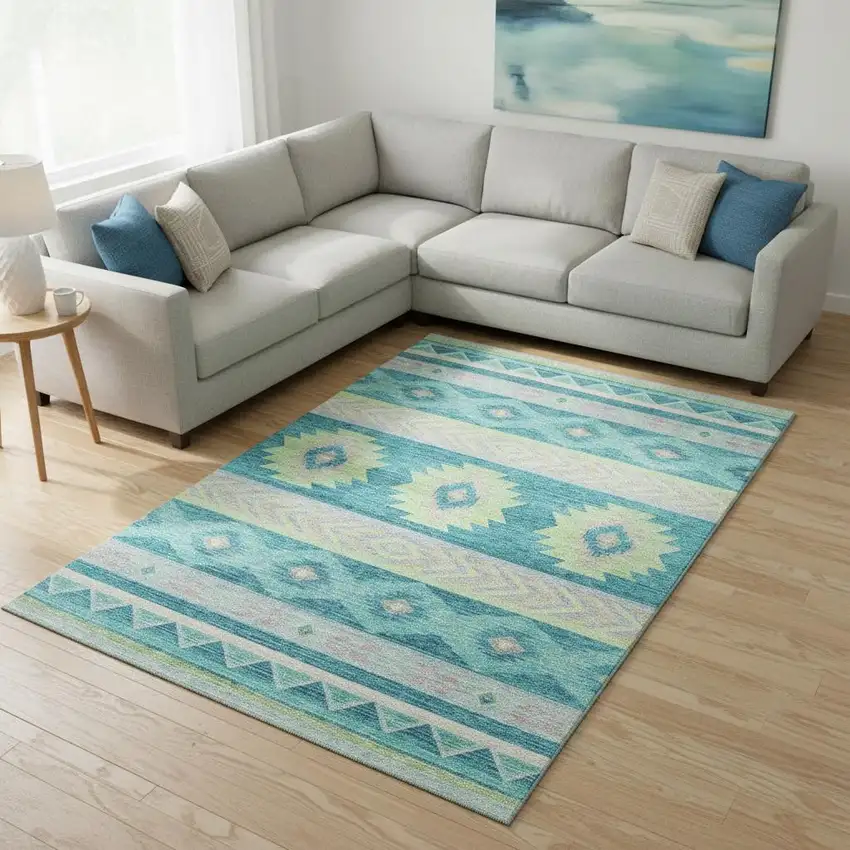 Persian Blue Lime Green And Silver Geometric Washable Area Rug With UV Protection Photo 1