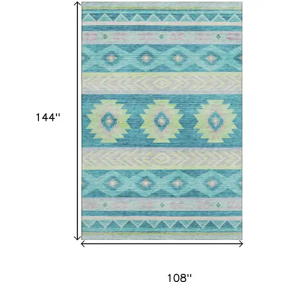 Persian Blue Lime Green And Silver Geometric Washable Area Rug With UV Protection Photo 3