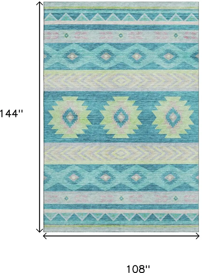 Persian Blue Lime Green And Silver Geometric Washable Area Rug With UV Protection Photo 3