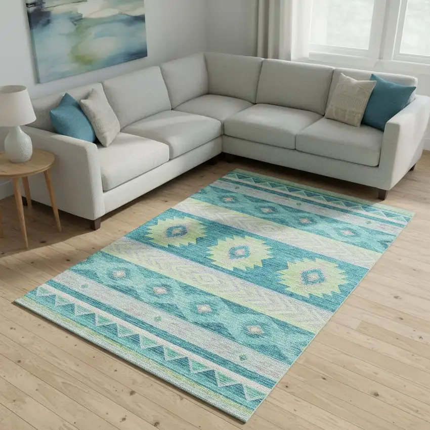 Persian Blue Lime Green And Silver Geometric Washable Area Rug With UV Protection Photo 1