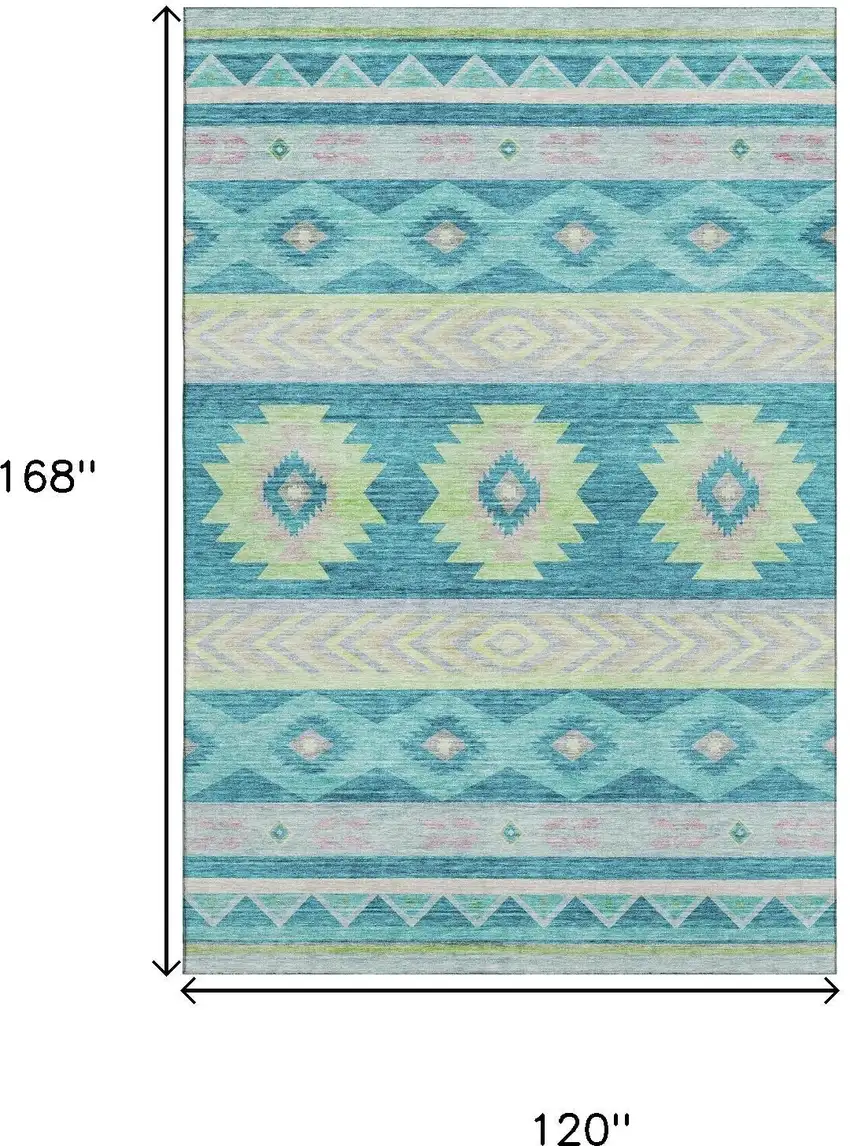 Persian Blue Lime Green And Silver Geometric Washable Area Rug With UV Protection Photo 3