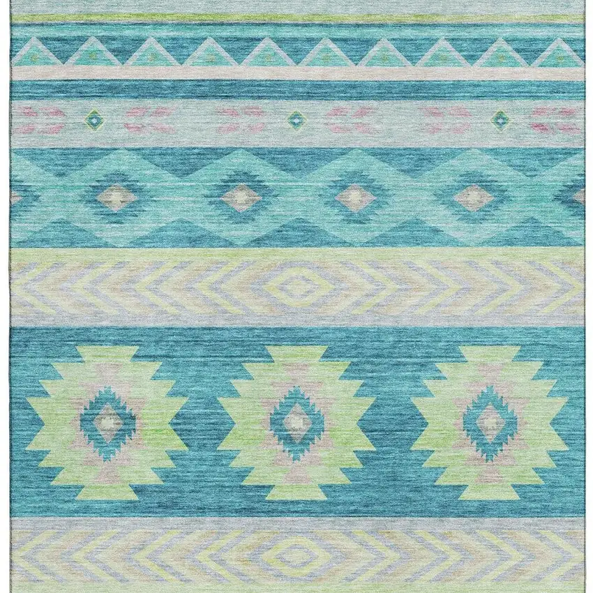 Persian Blue Lime Green And Silver Geometric Washable Area Rug With UV Protection Photo 4