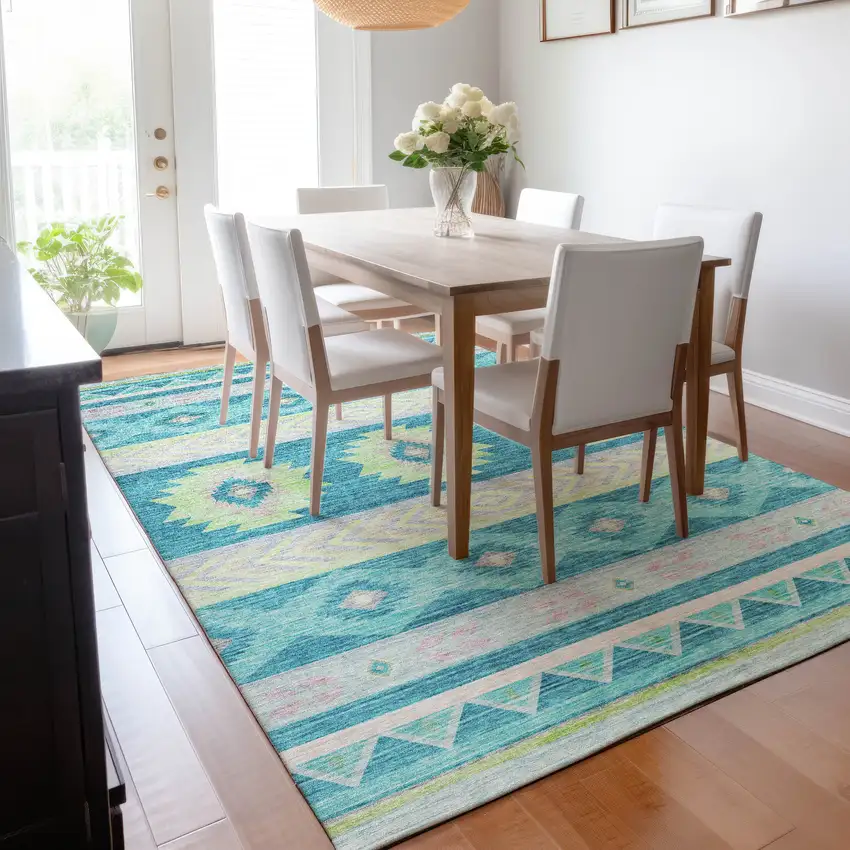 Persian Blue Lime Green And Silver Geometric Washable Area Rug With UV Protection Photo 6