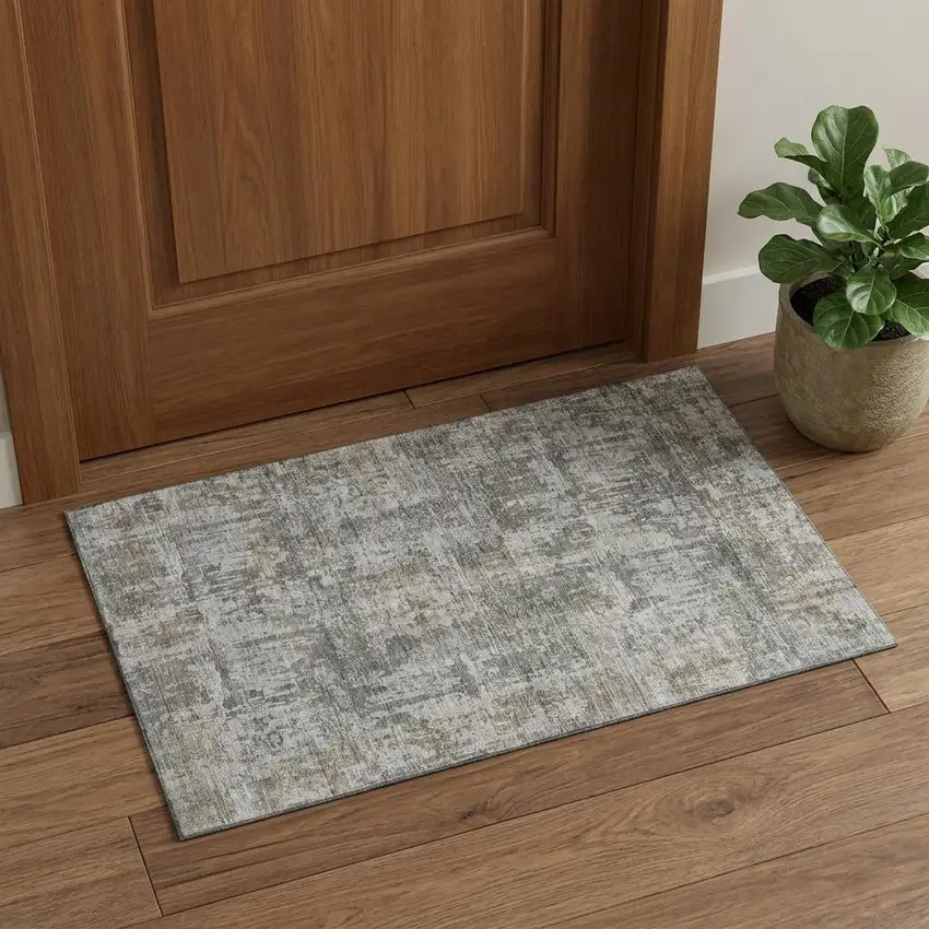 Pewter And Beige Abstract Washable Area Rug With UV Protection Photo 1