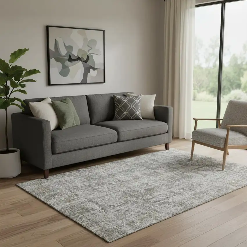 Pewter And Beige Abstract Washable Area Rug With UV Protection Photo 2