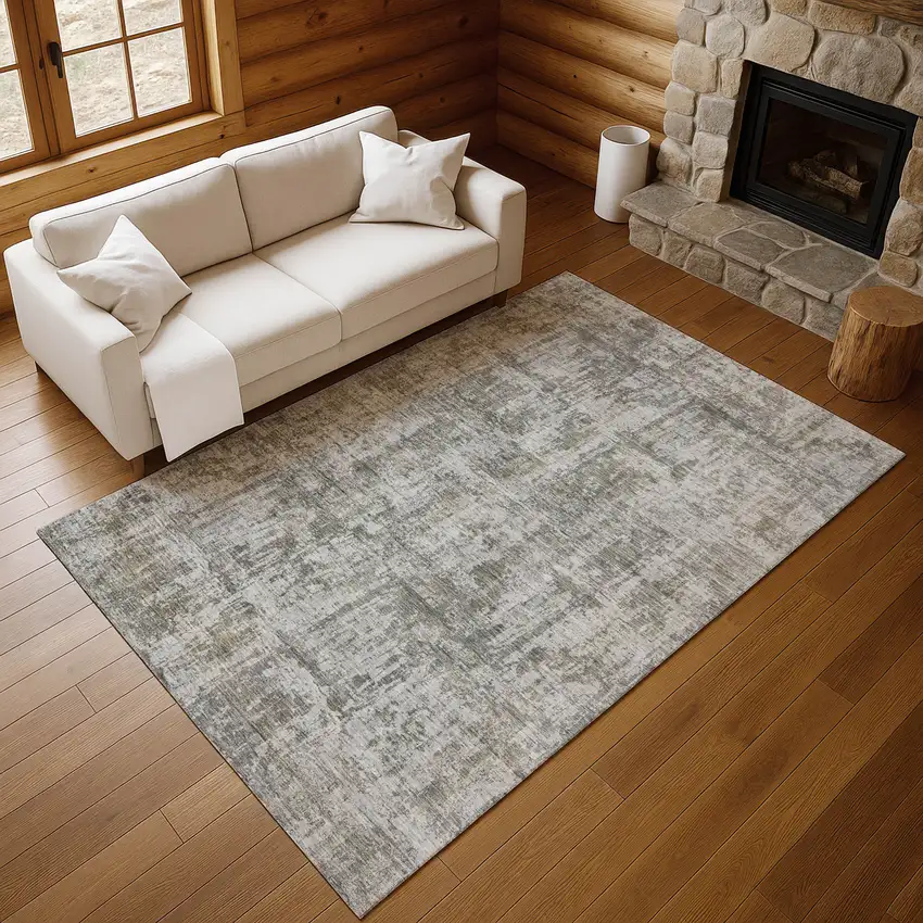 Pewter And Beige Abstract Washable Area Rug With UV Protection Photo 6