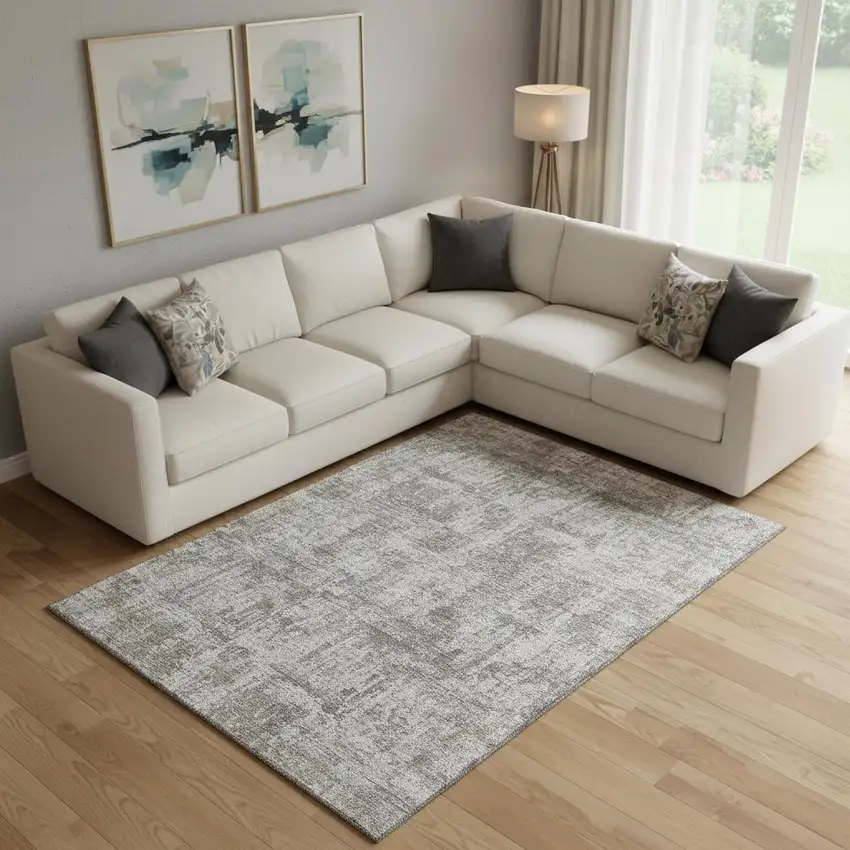 Pewter And Beige Abstract Washable Area Rug With UV Protection Photo 2