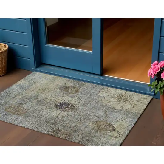 Pewter And Beige Floral Washable Indoor Outdoor Area Rug Photo 1