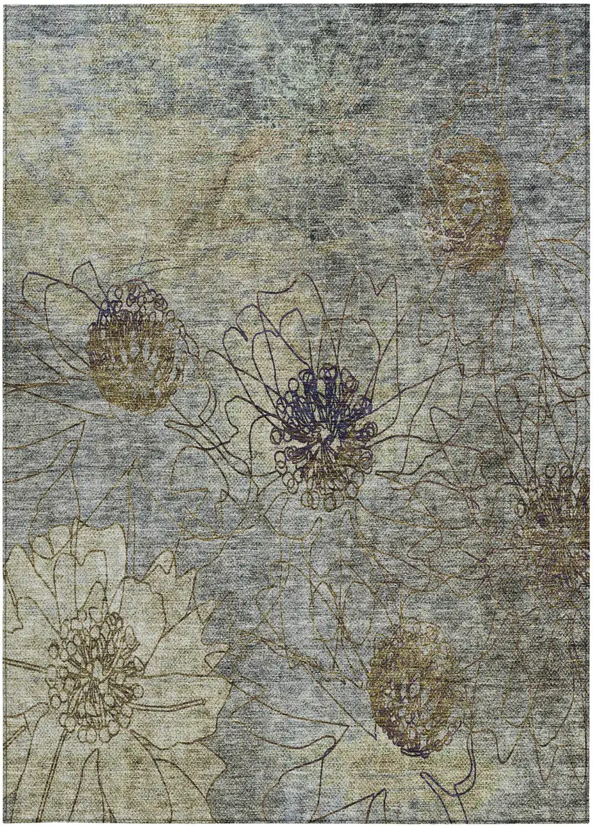 Pewter And Beige Floral Washable Indoor Outdoor Area Rug Photo 5