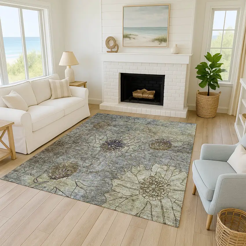 Pewter And Beige Floral Washable Indoor Outdoor Area Rug Photo 8