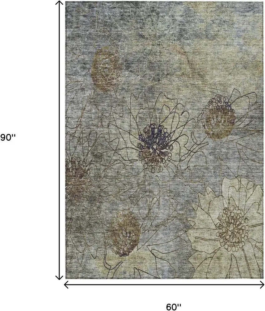 Pewter And Beige Floral Washable Indoor Outdoor Area Rug Photo 3