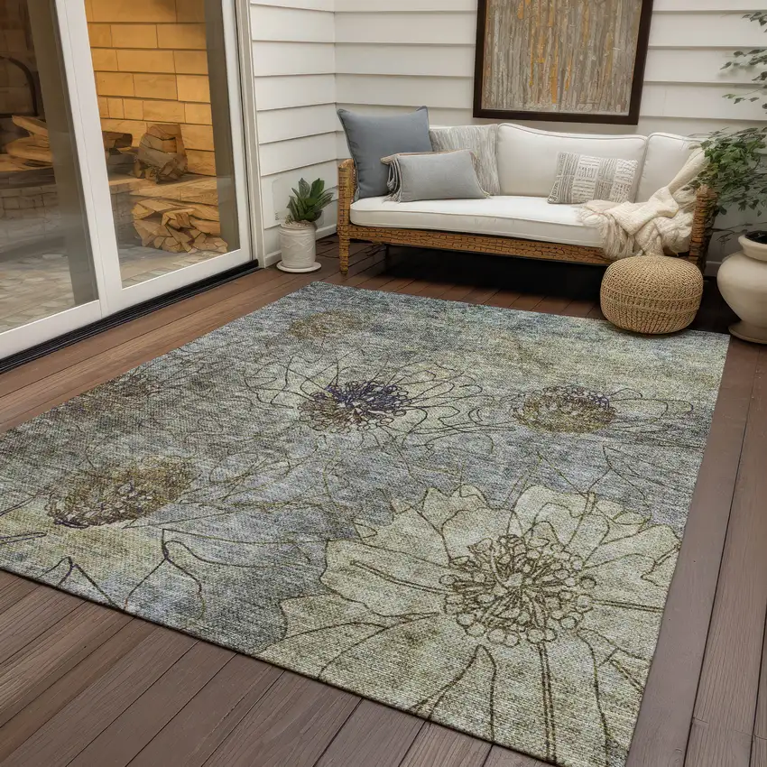 Pewter And Beige Floral Washable Indoor Outdoor Area Rug Photo 9